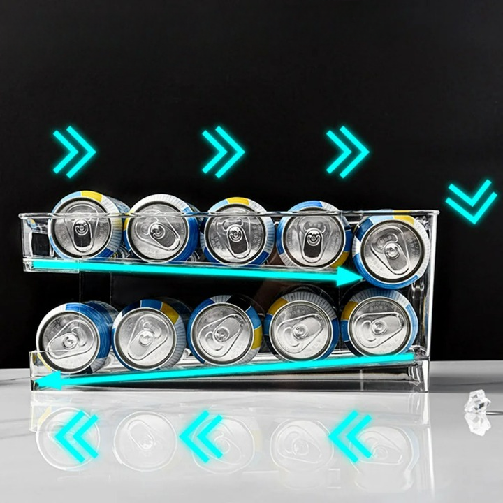 Getränkedosenhalter Kühlschrank – Rollender Dosen-Organizer, Stapelbare 2-Etagen-Aufbewahrungsbox für Soda, Bier und Lebensmittel