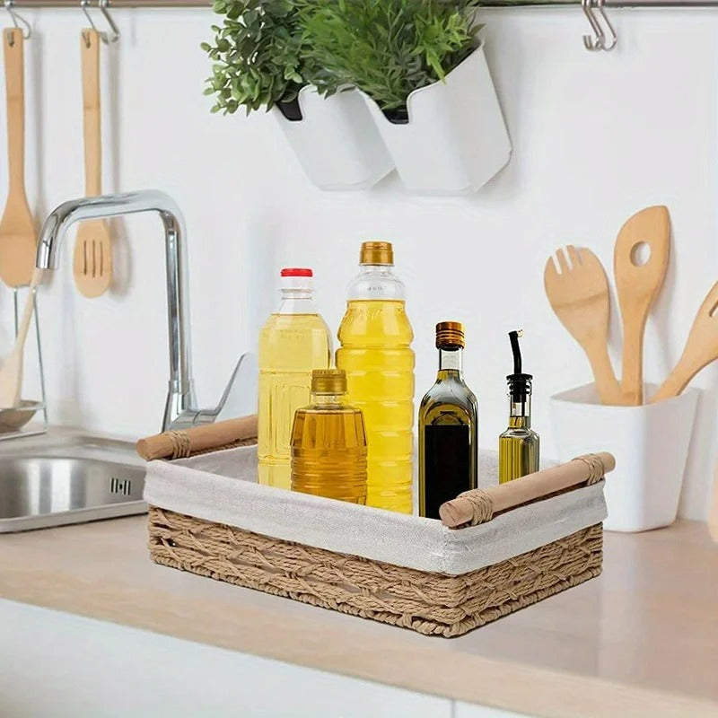 Handgefertigter Aufbewahrungskorb aus Papierseil mit Baumwollfutter und Griffen – Ideal für Küche, Brot, Obst und Handtücher