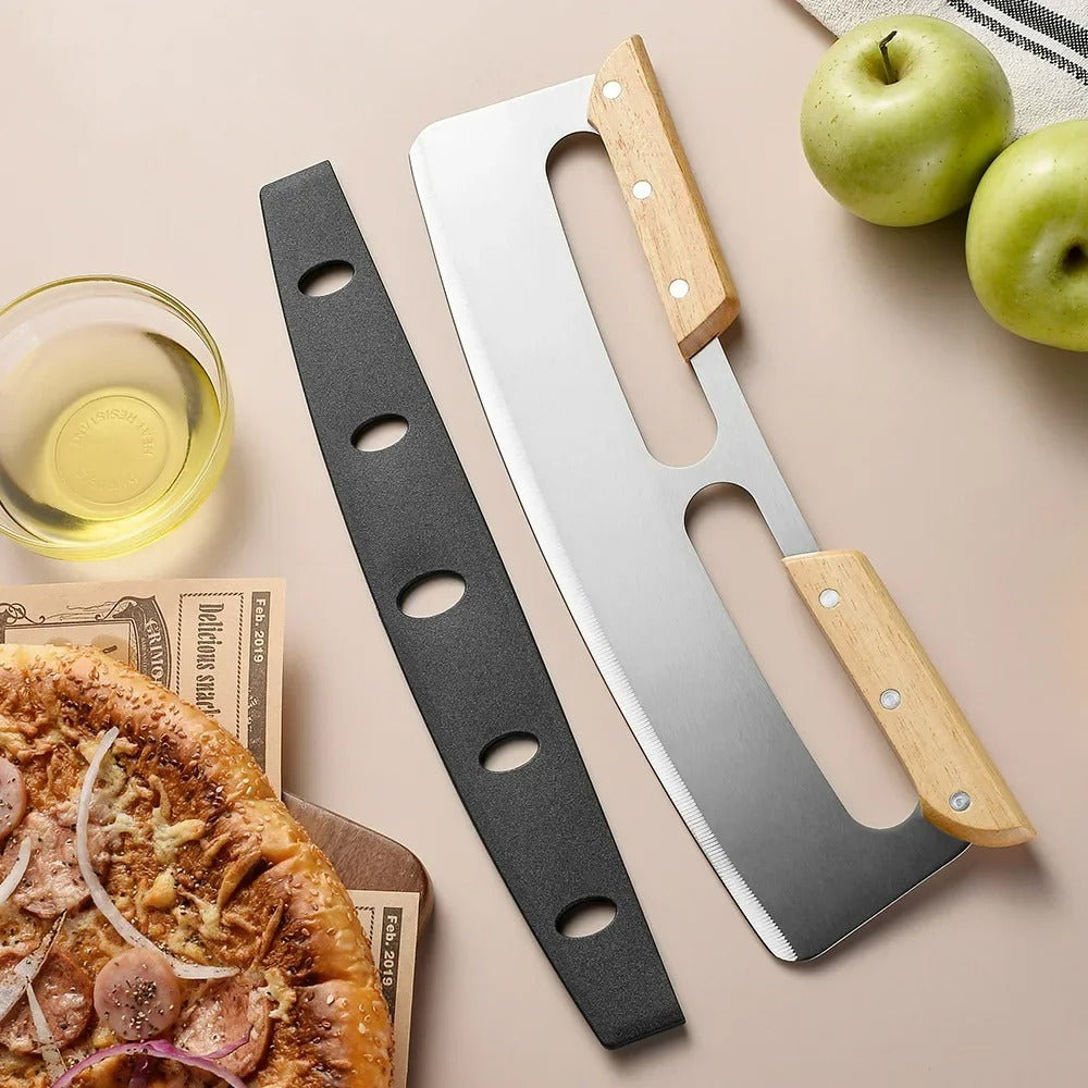 Großer Pizzaschneider mit Holzgriff – 14 Zoll gebogene Edelstahlklinge, halb runder Schaber, Backzubehör, Varianten mit ein- oder doppeltem Griff