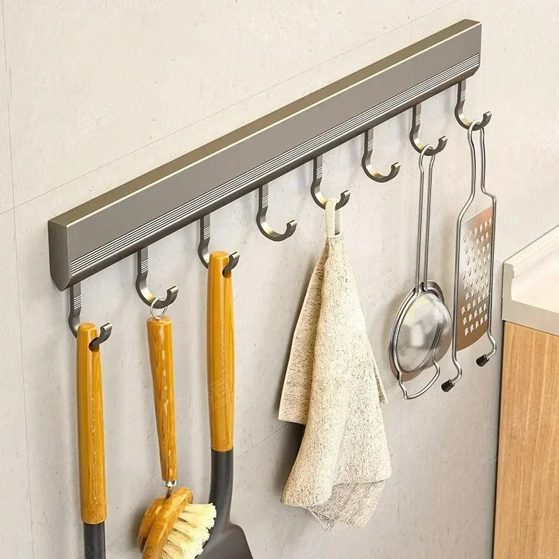 Aluminium Küchenhakenleiste Wandmontage Bohrfrei – 8/10 Haken, Verstellbar