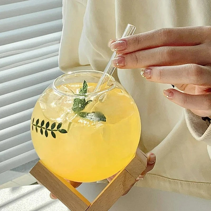 Glas Trinkbecher mit Strohhalm, 400ml, Hitzebeständig, Saftbecher, Nordic Style