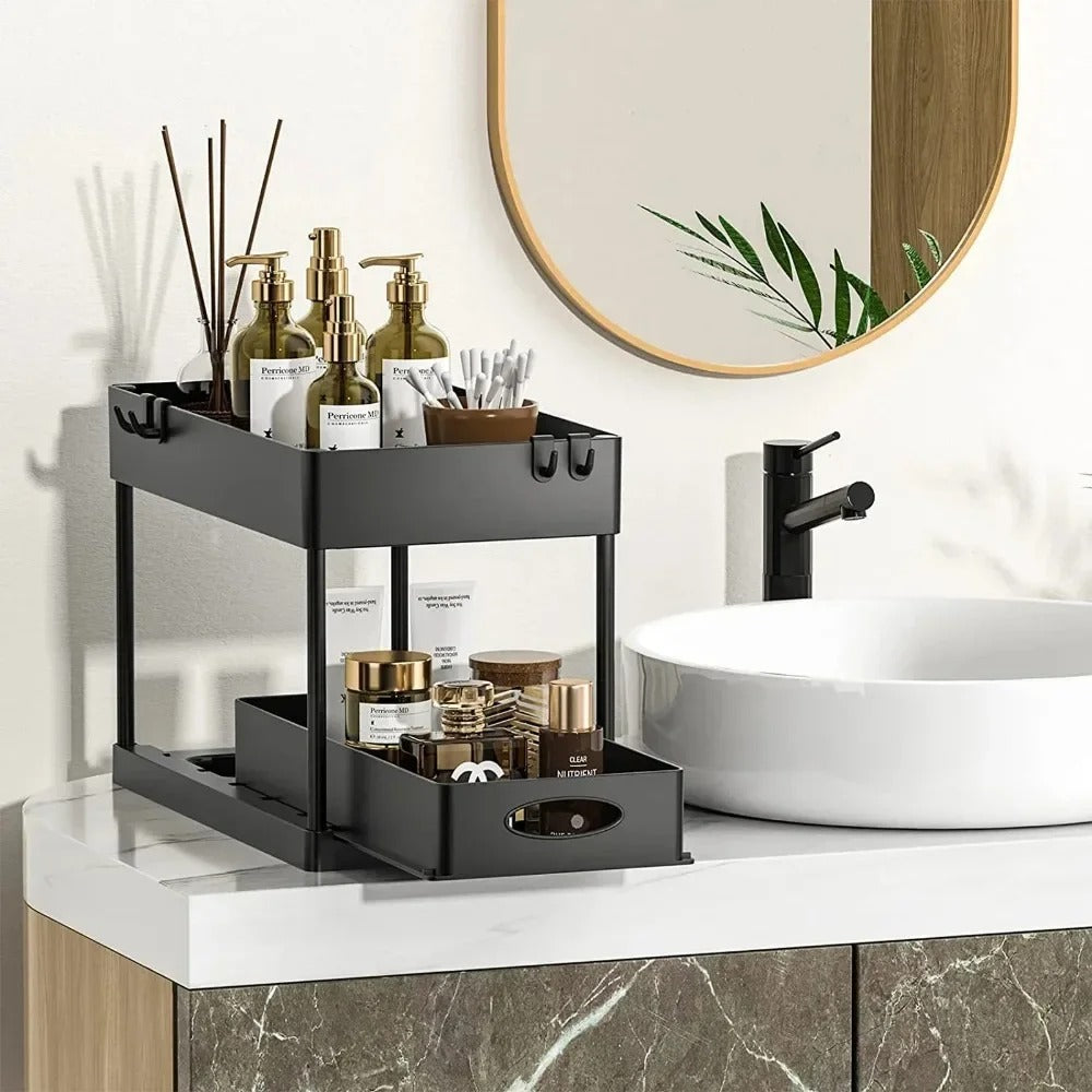 2-Ebenen Unter-Spüle-Organizer Schiebekorb Regal mit Haken und Becherhalter für Badezimmer und Küche