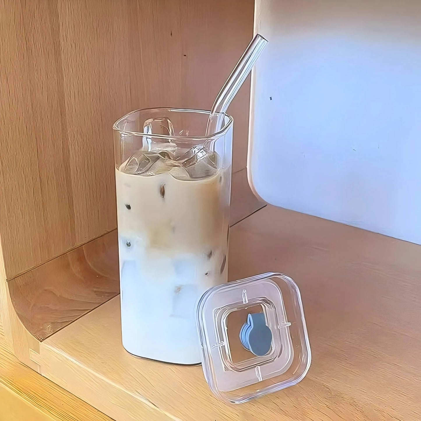 400ml hitzebeständiges Kaffeeglas mit Strohhalm und Deckel – transparenter Becher für Saft, Milchkaffee und Tee