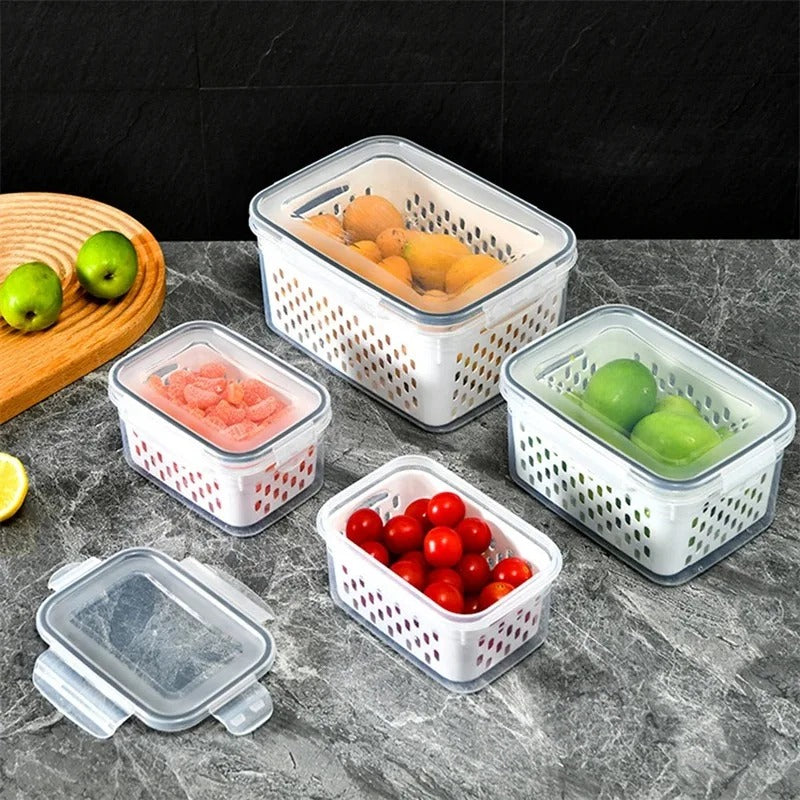 Kühlschrank Organizer Aufbewahrungsbox für Gemüse und Obst mit Abtropfkorb, 850ML–3300ML