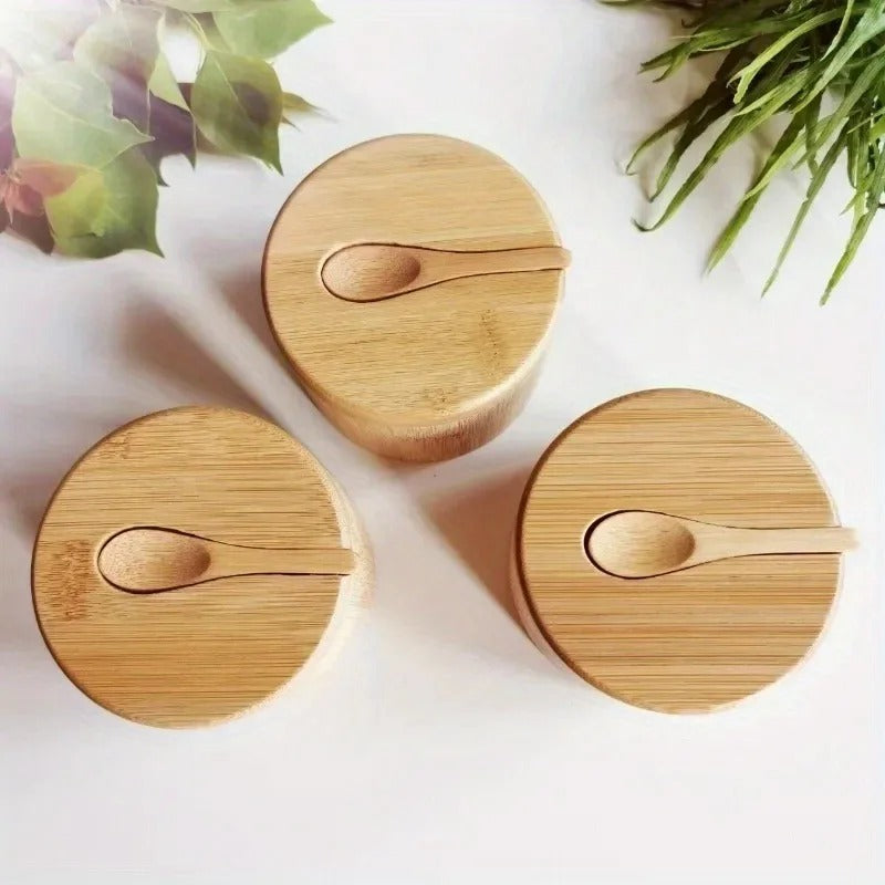 Bambus Gewürzbehälter mit Deckel – Multifunktionale Kräuterbox 9x9x7 cm mit Löffel