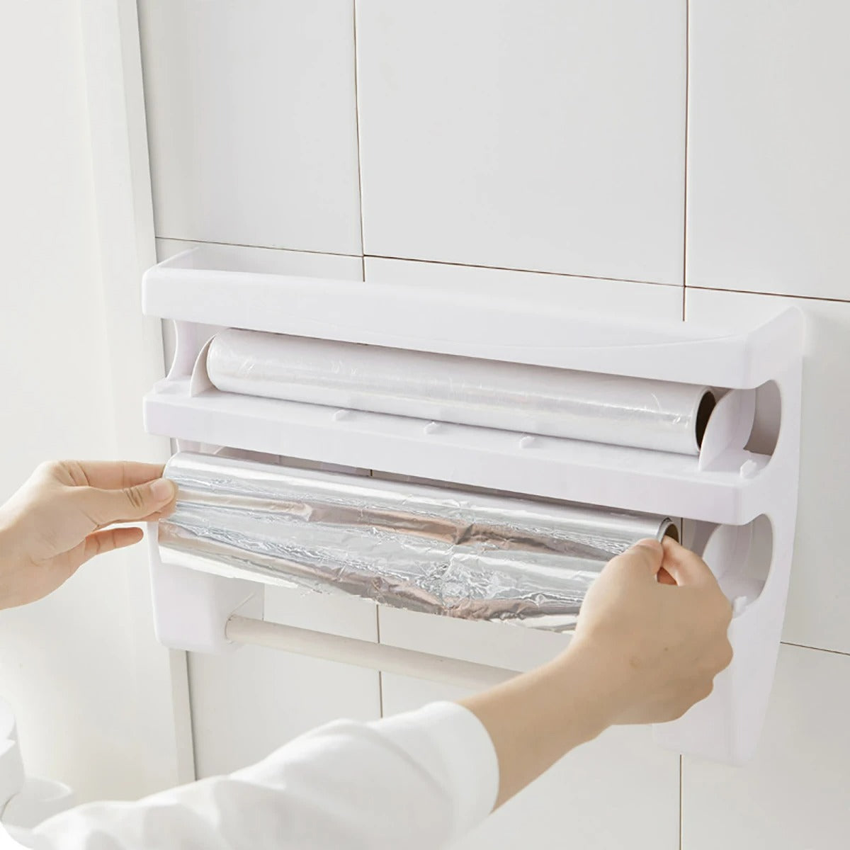 3-in-1 Aluminiumfolie und Film Dispenser – Multifunktionale Küchen Aufbewahrung, ABS Material, Mit Haken und Messer, 39x10x24 cm
