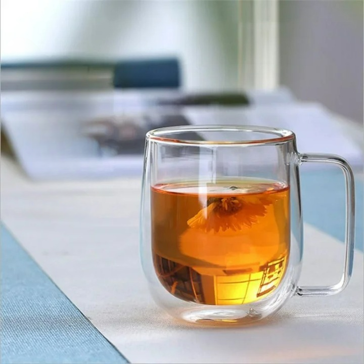 Doppelwandige Glastasse aus Borosilikatglas, 150-350 ml, hitzebeständig, mit Griff