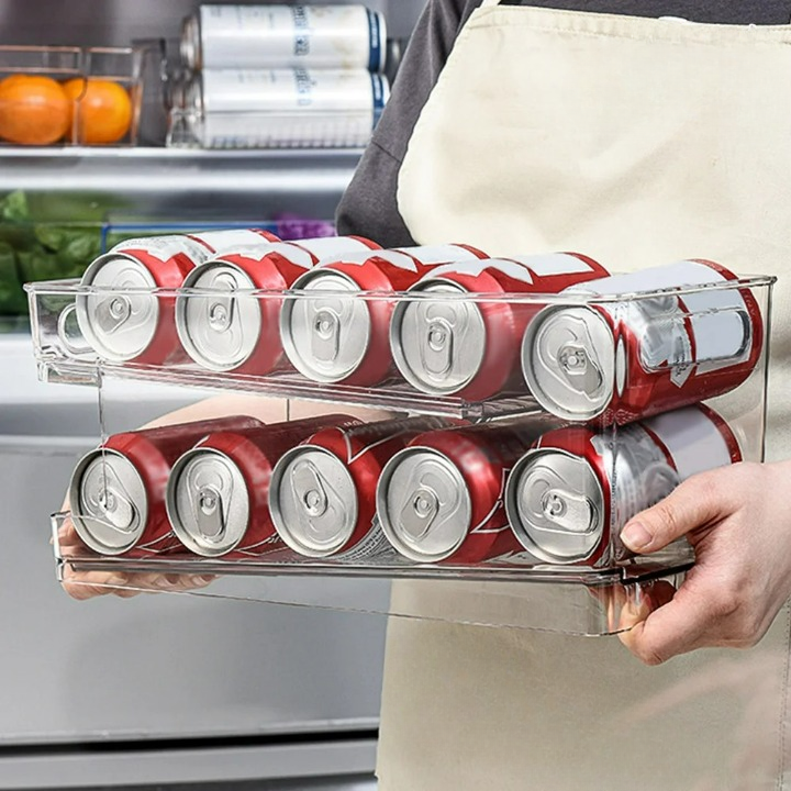 Getränkedosenhalter Kühlschrank – Rollender Dosen-Organizer, Stapelbare 2-Etagen-Aufbewahrungsbox für Soda, Bier und Lebensmittel