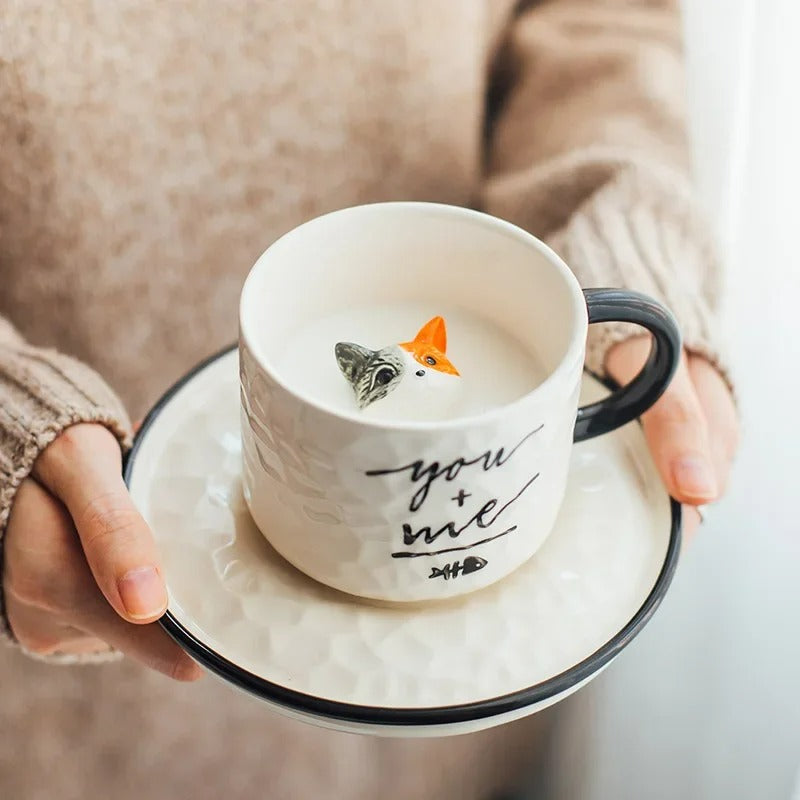 Keramik Katzenbecher mit Pfotendesign – 3D Tassen-Set mit Unterteller, für Kaffee & Tee