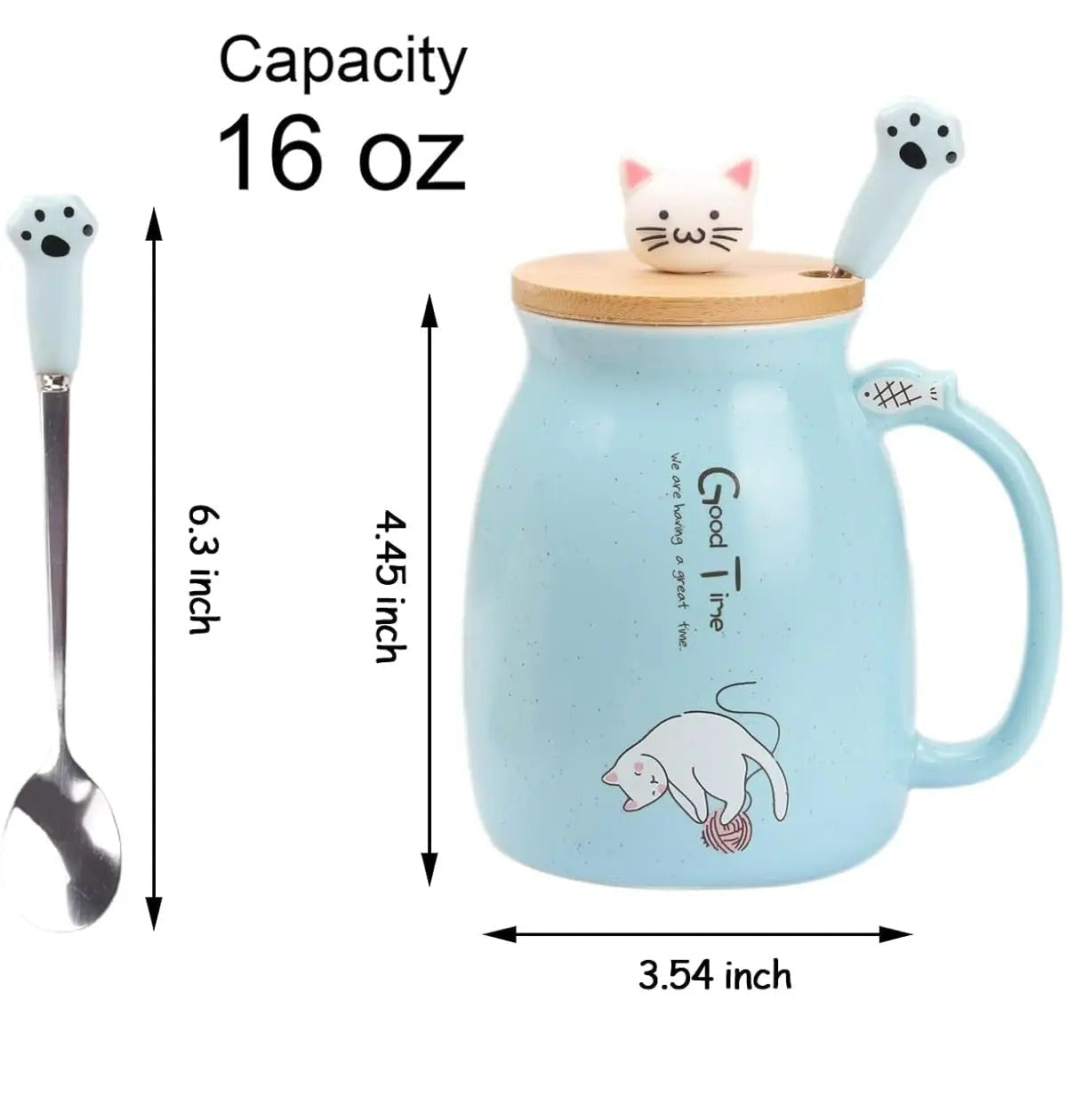 Keramische Theekop mit Kitty Deksel und Lepel, Japanische Stil, 16oz