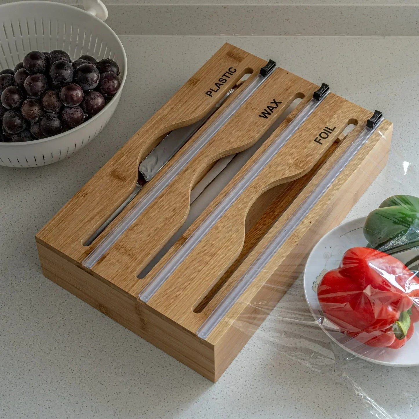 1 Stück Frischhaltefolienschneider Wandmontage Bambus Organizer mit Mehrfachfächern