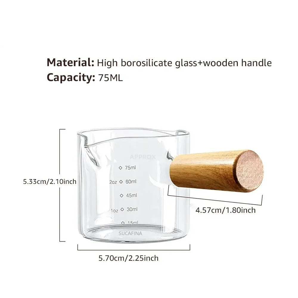 Glas Maatbeker mit Holzgriff, Espresso Messbecher, Doppel- und Einzelauslauf, Transparente Kaffeetasse für Milchkaffee, Kaffeebedarf