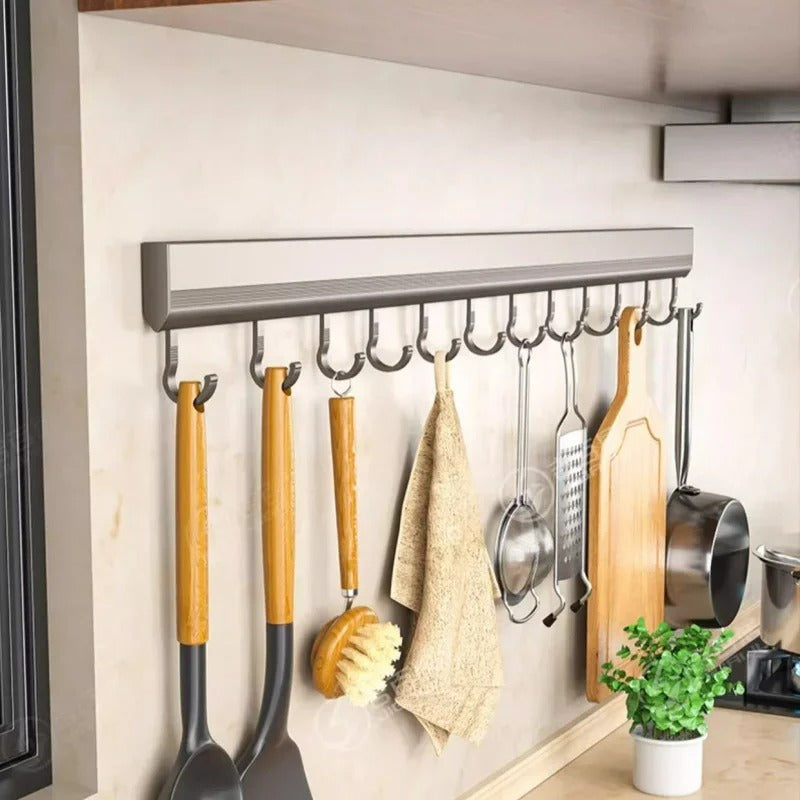 Aluminium Küchenhakenleiste Wandmontage Bohrfrei – 8/10 Haken, Verstellbar