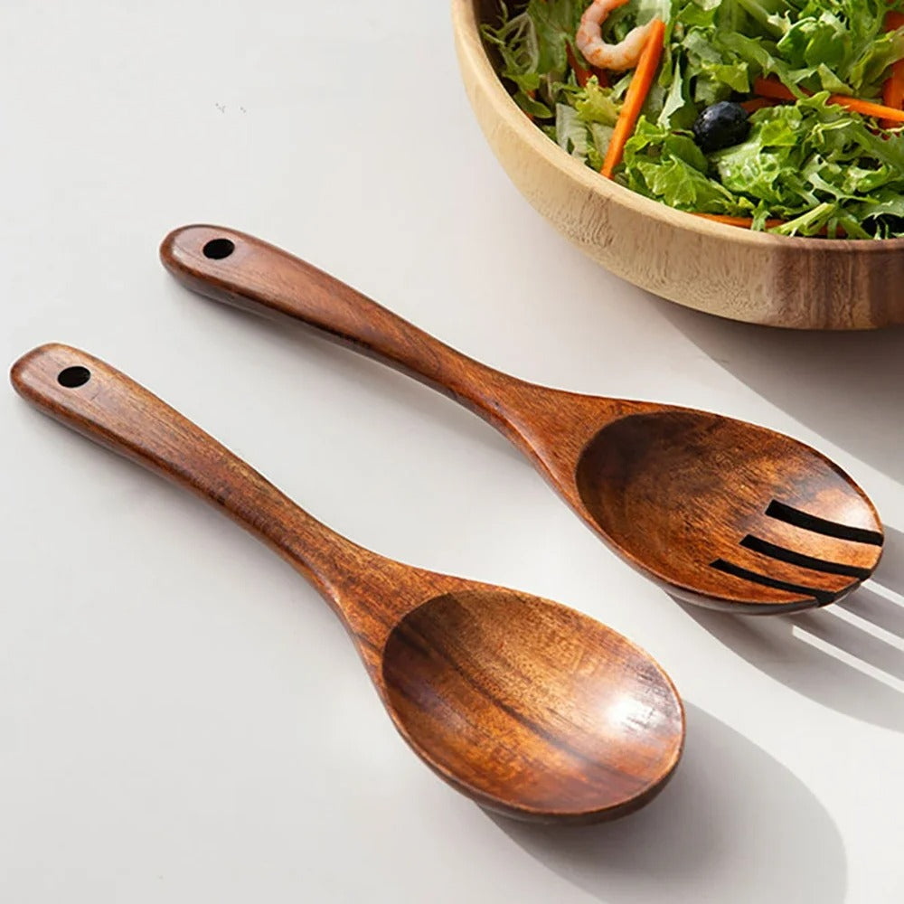 2-teiliges Servies Set aus Holz – Große Löffel und Gabel im japanischen Stil für Salat und Servieren – Langer Griff, Küchenutensilien