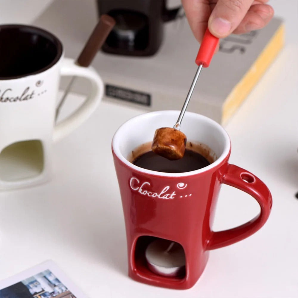 Mini Fondue Set – Keramischer Fondue Maker für Schokolade, Käse und Butter, inkl. Gabeln