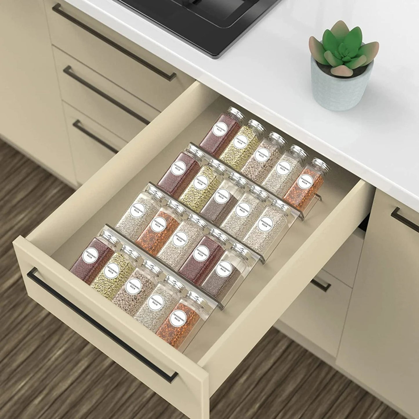 Acryl Gewürzschubladen-Organizer – 4-stufiges Gewürzregal für Küchen, Kräuter und Gewürzgläser, Verstellbares Design