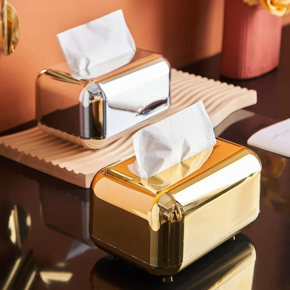 Luxe Taschentuchboxhalter für Küche & Wohnzimmer, Gold/Silber Kunststoff Organizer, Modernes Design, Abnehmbares Taschentuchcase, 18x12x11 cm