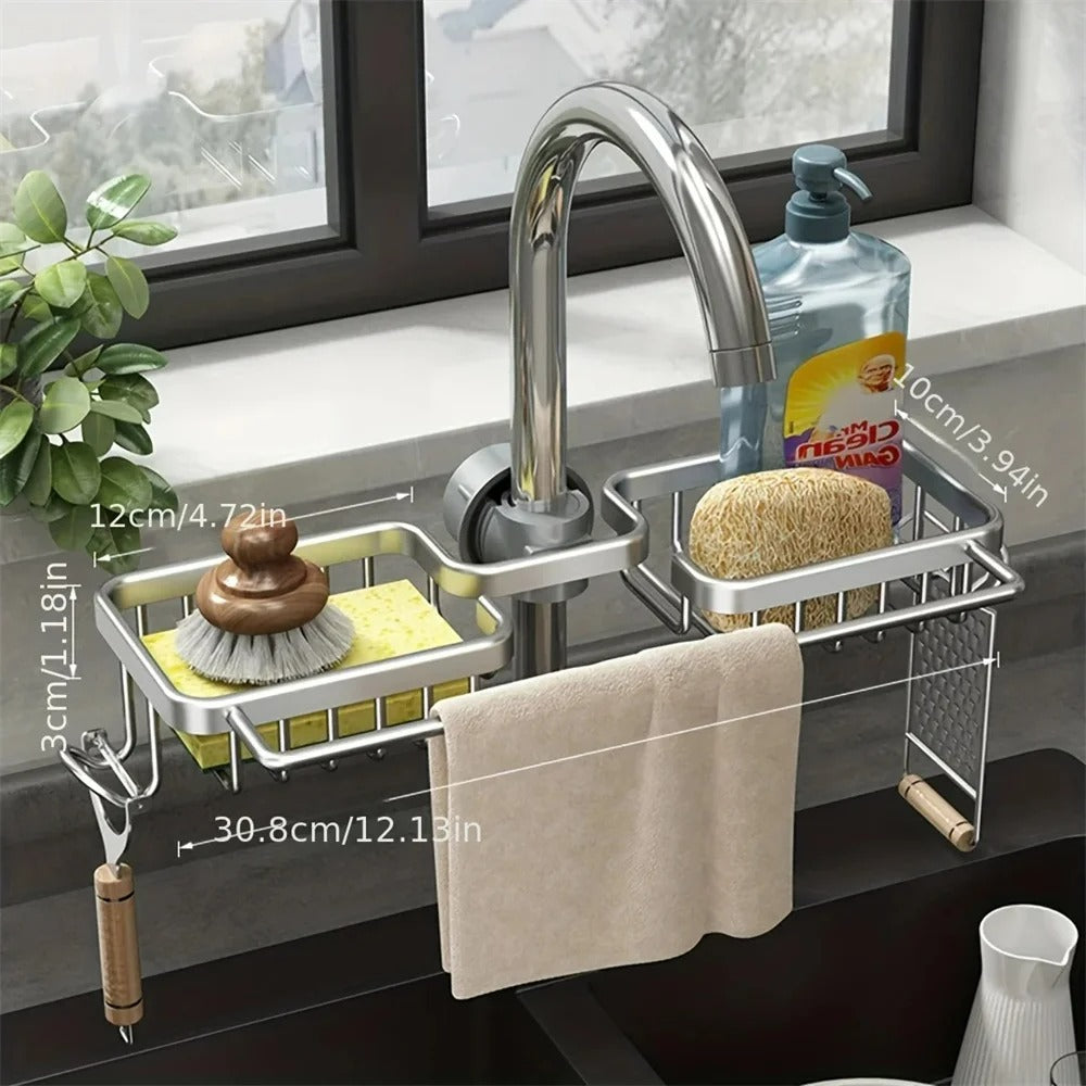 Küchen Organizer für Wasserhahn – Schwammhalter mit Haken, Tropfgestell für Seife und Küchenzubehör