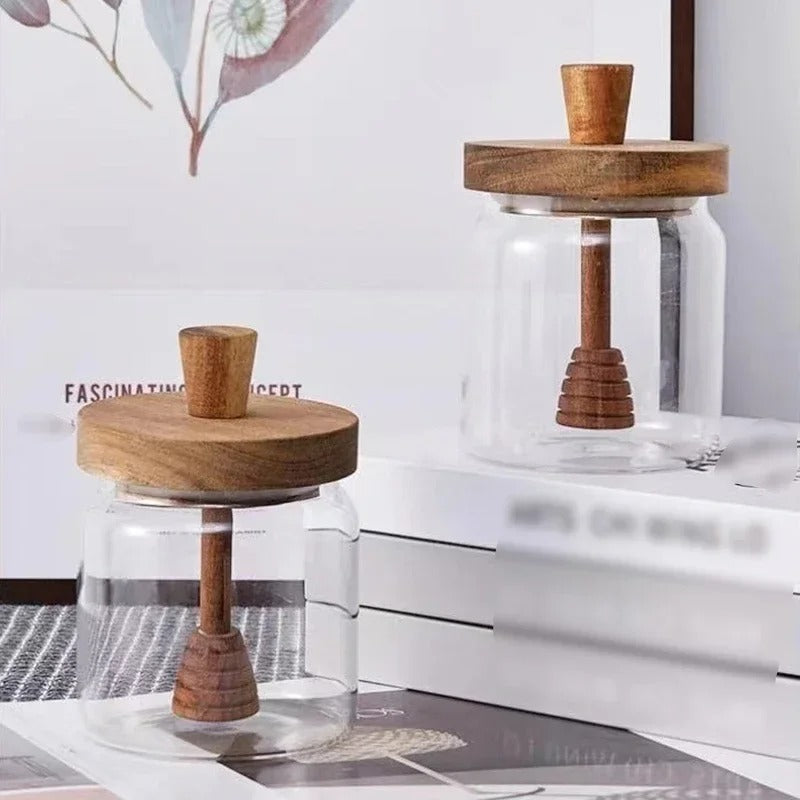 Hochwertige Borosilikat Honigglas mit Holzdeckel und Holzrührstab, 350 ml, Luftdicht