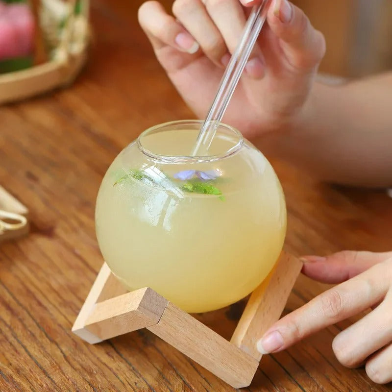 Glas Trinkbecher mit Strohhalm, 400ml, Hitzebeständig, Saftbecher, Nordic Style