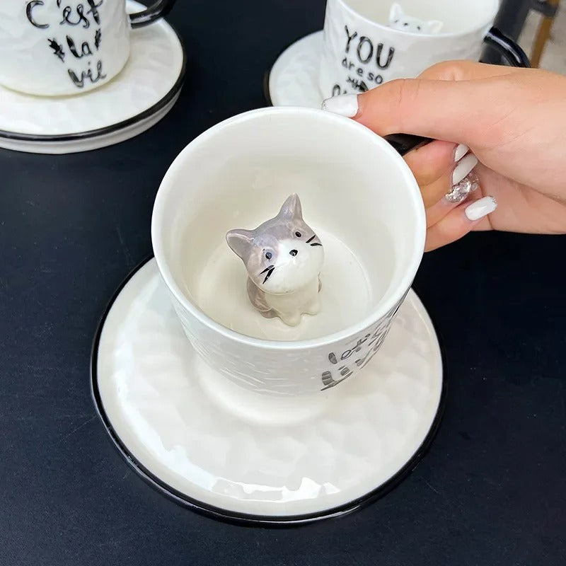 Keramik Katzenbecher mit Pfotendesign – 3D Tassen-Set mit Unterteller, für Kaffee & Tee