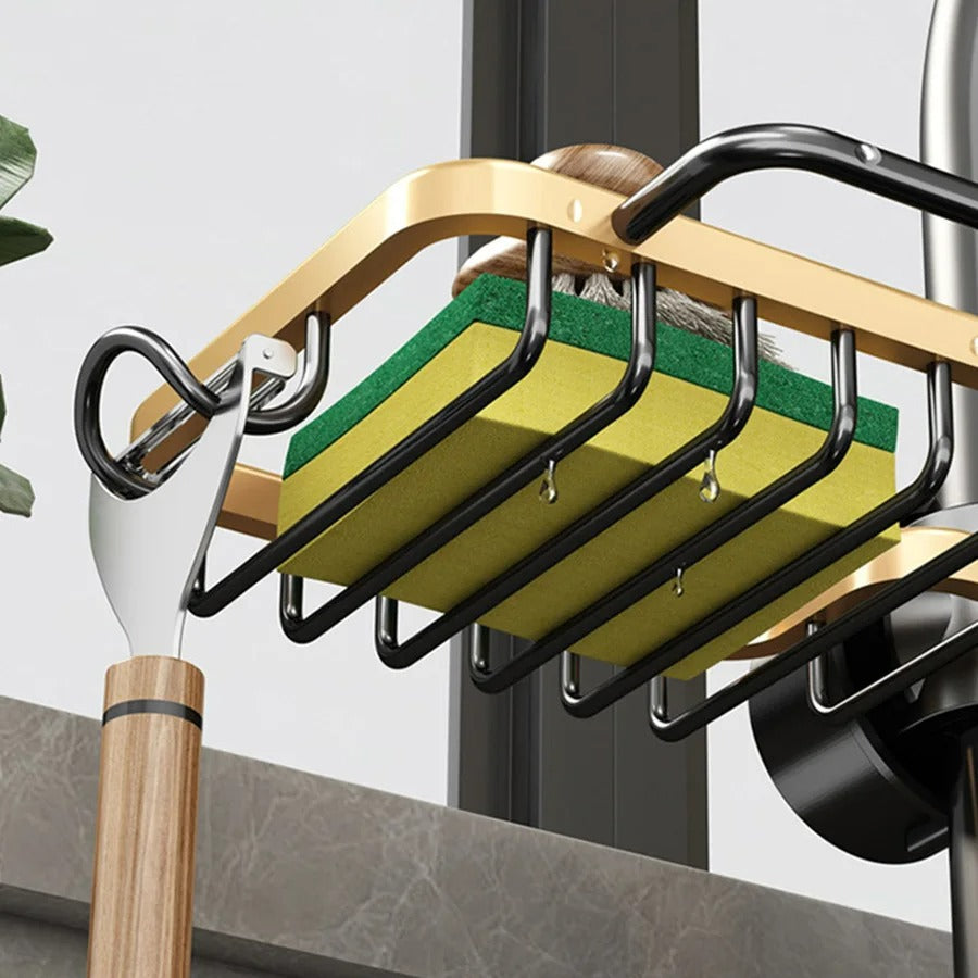 Küchen Organizer für Wasserhahn – Schwammhalter mit Haken, Tropfgestell für Seife und Küchenzubehör