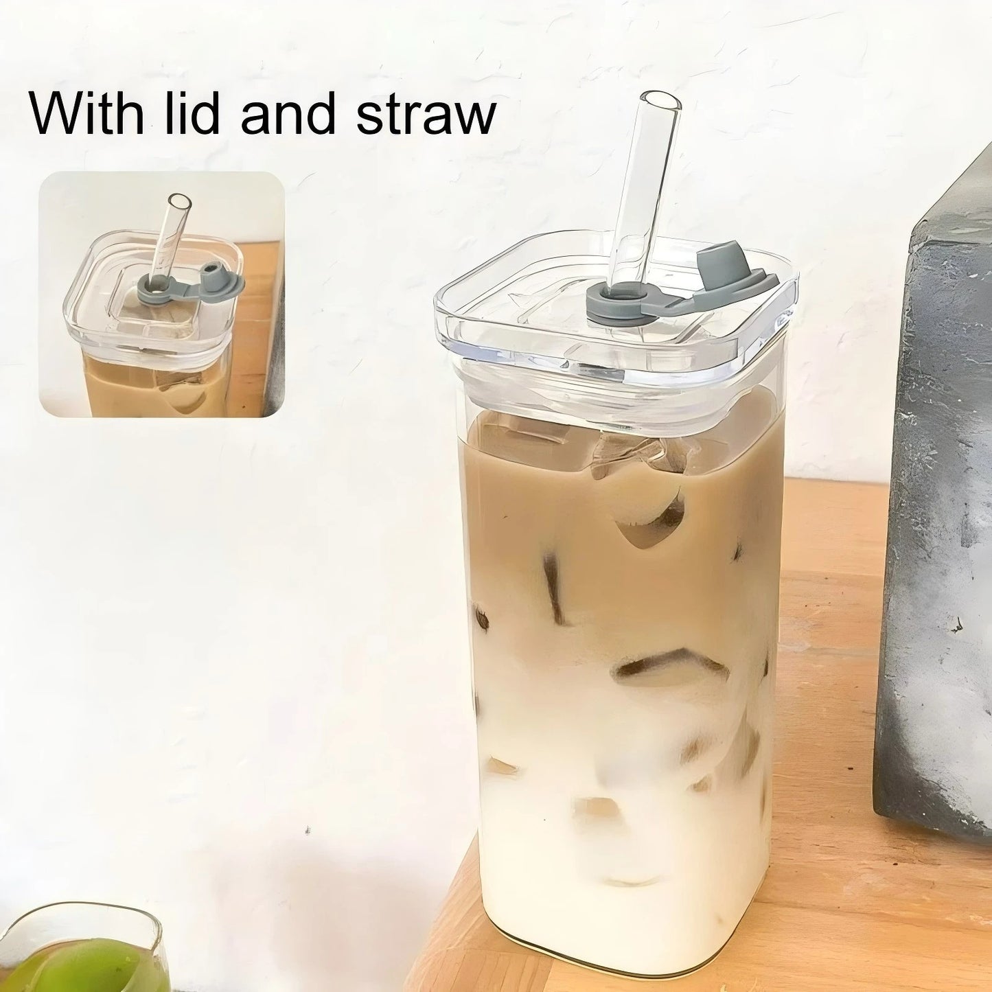 400ml hitzebeständiges Kaffeeglas mit Strohhalm und Deckel – transparenter Becher für Saft, Milchkaffee und Tee