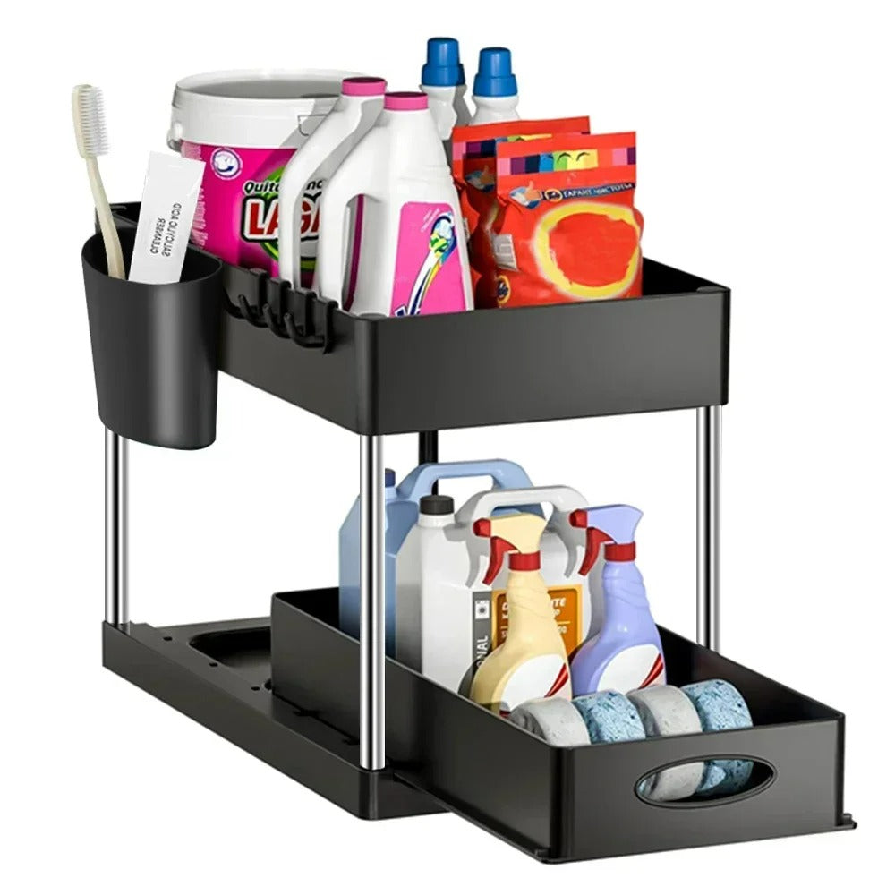 2-Ebenen Unter-Spüle-Organizer Schiebekorb Regal mit Haken und Becherhalter für Badezimmer und Küche