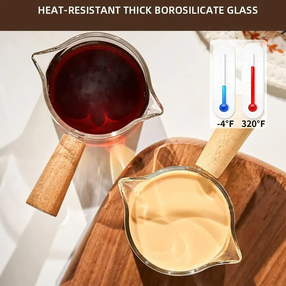 Glas Maatbeker mit Holzgriff, Espresso Messbecher, Doppel- und Einzelauslauf, Transparente Kaffeetasse für Milchkaffee, Kaffeebedarf