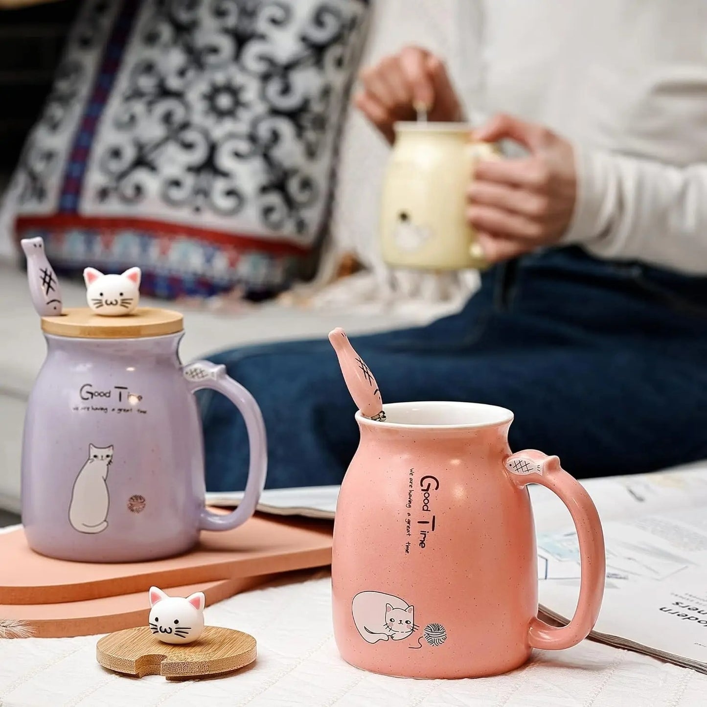 Keramische Theekop mit Kitty Deksel und Lepel, Japanische Stil, 16oz