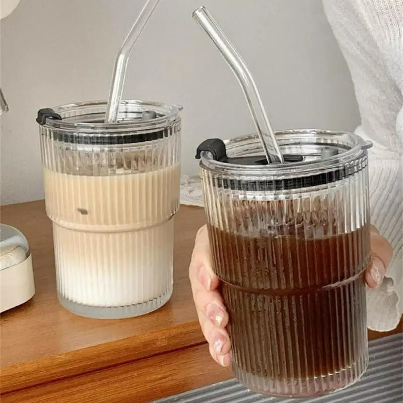 Glas Kaffeebecher mit Deckel und Strohhalm, hitzebeständiges Glas, Trinkbecher, 400ml