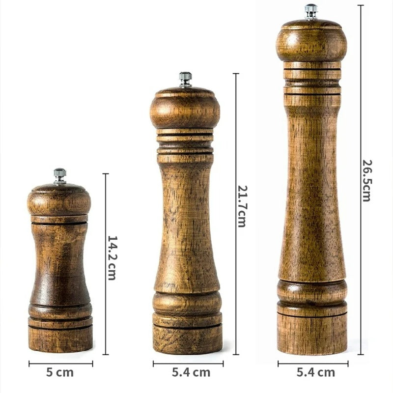 Eichenholz Pfeffer- und Gewürzmühle Set – Handbetrieben, Verstellbare Keramikmühle, 14cm, 21cm, 26cm