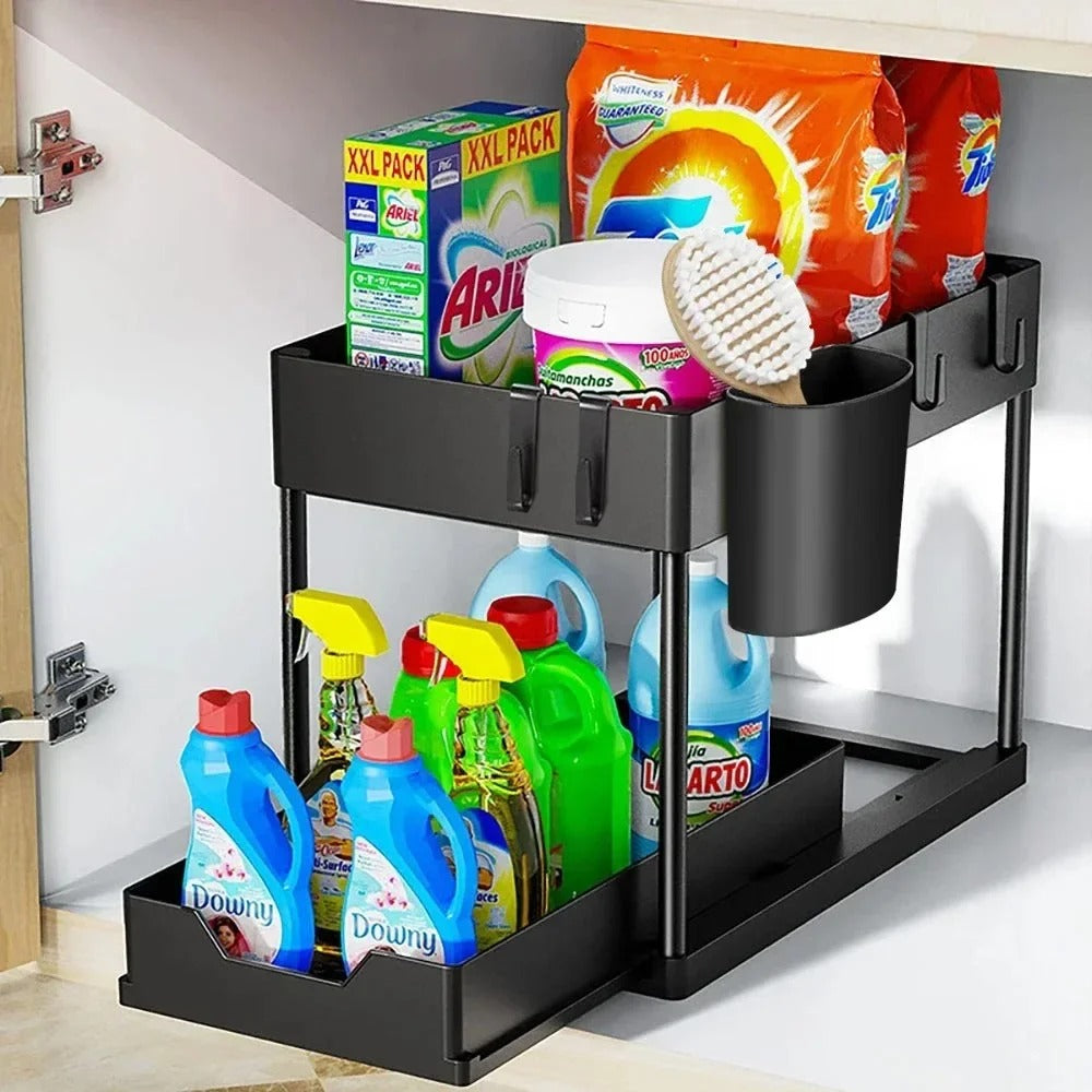 2-Ebenen Unter-Spüle-Organizer Schiebekorb Regal mit Haken und Becherhalter für Badezimmer und Küche