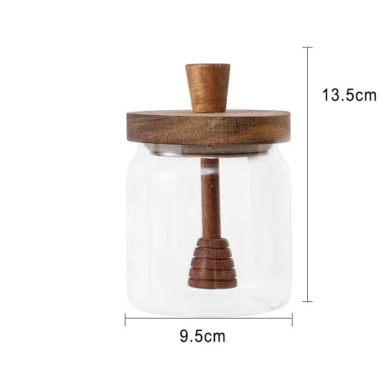 Hochwertige Borosilikat Honigglas mit Holzdeckel und Holzrührstab, 350 ml, Luftdicht