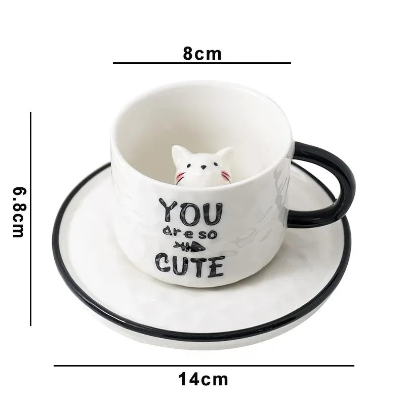 Keramik Katzenbecher mit Pfotendesign – 3D Tassen-Set mit Unterteller, für Kaffee & Tee