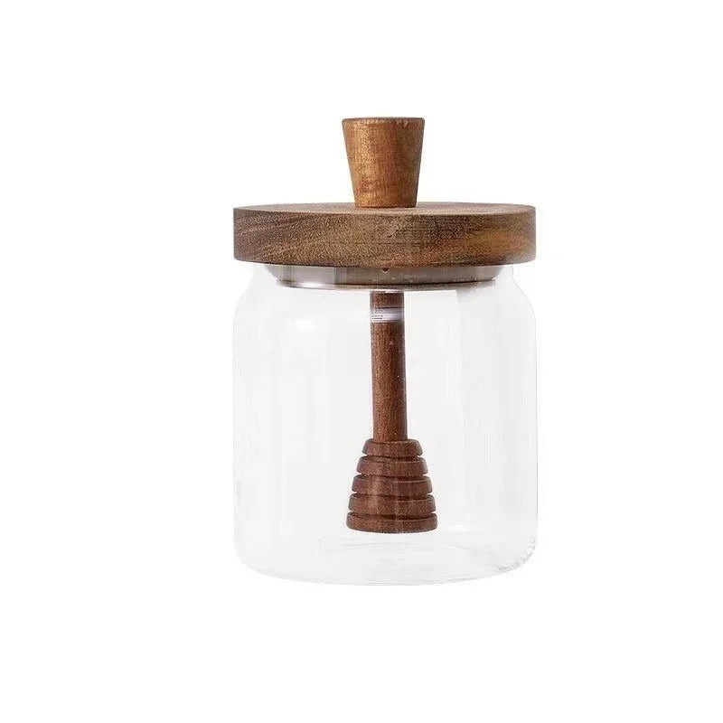 Hochwertige Borosilikat Honigglas mit Holzdeckel und Holzrührstab, 350 ml, Luftdicht