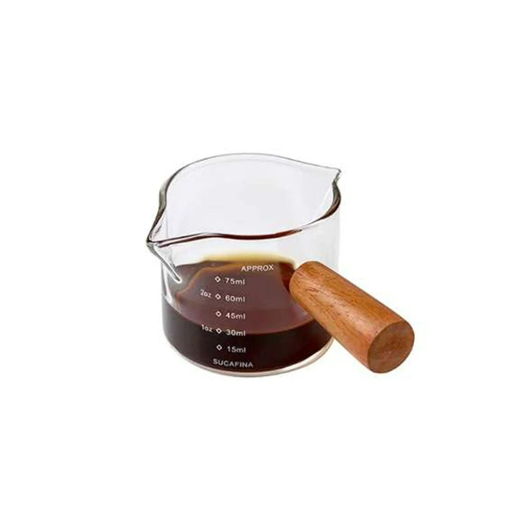Glas Maatbeker mit Holzgriff, Espresso Messbecher, Doppel- und Einzelauslauf, Transparente Kaffeetasse für Milchkaffee, Kaffeebedarf