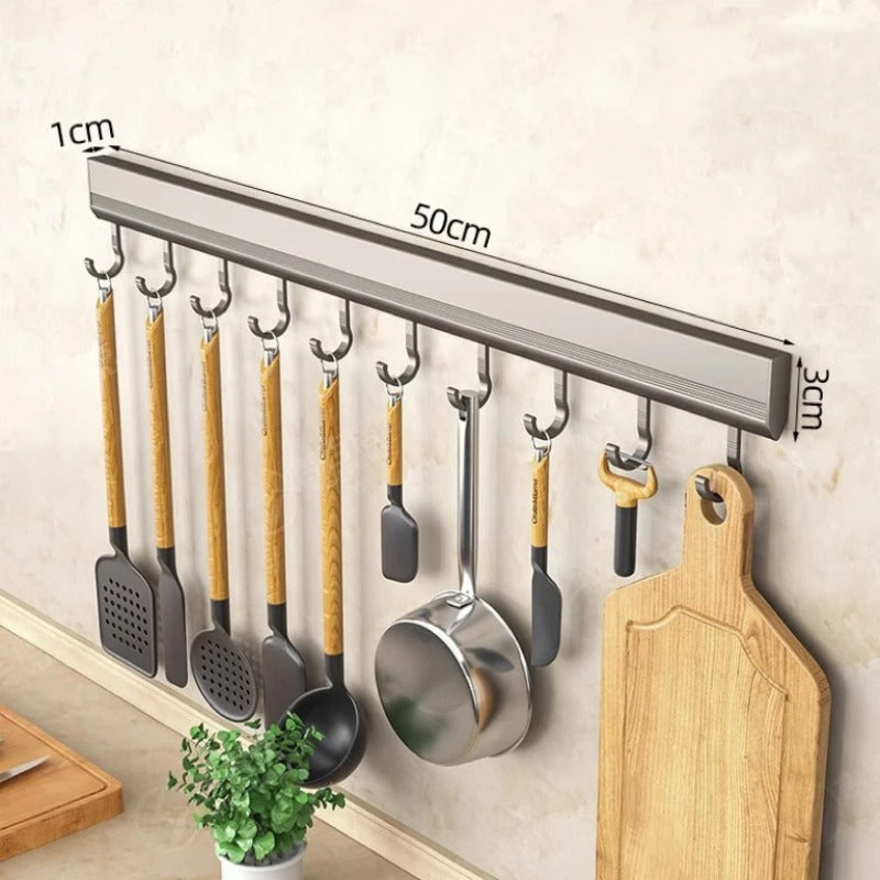Aluminium Küchenhakenleiste Wandmontage Bohrfrei – 8/10 Haken, Verstellbar