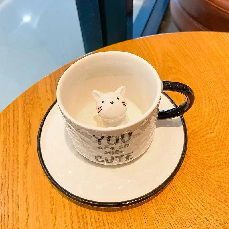Keramik Katzenbecher mit Pfotendesign – 3D Tassen-Set mit Unterteller, für Kaffee & Tee