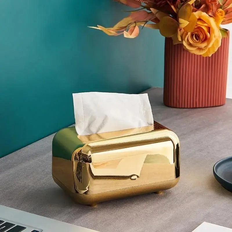Luxe Taschentuchboxhalter für Küche & Wohnzimmer, Gold/Silber Kunststoff Organizer, Modernes Design, Abnehmbares Taschentuchcase, 18x12x11 cm