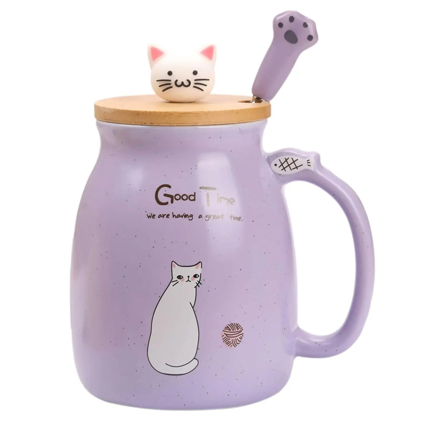 Keramische Theekop mit Kitty Deksel und Lepel, Japanische Stil, 16oz