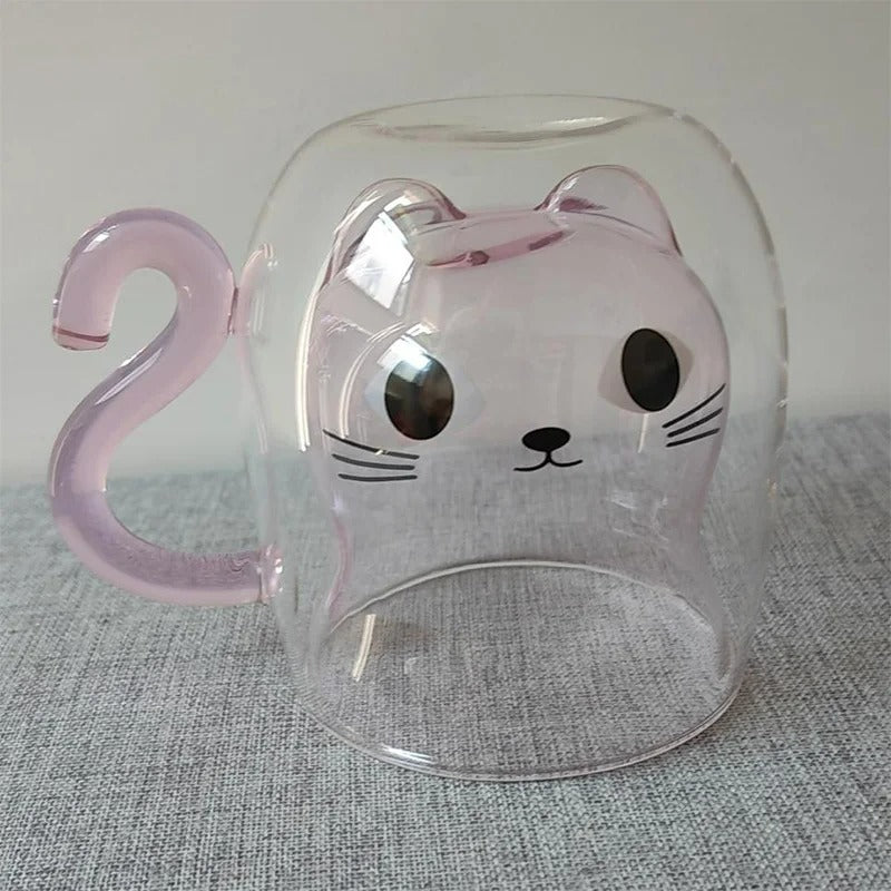 Doppelwandiger Katzen-Glasbecher mit Henkel – 280ml