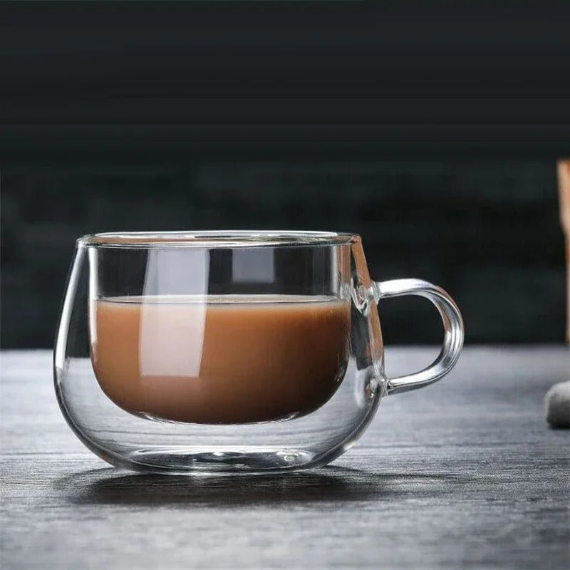 Doppelwandige Glastasse aus Borosilikatglas, 150-350 ml, hitzebeständig, mit Griff