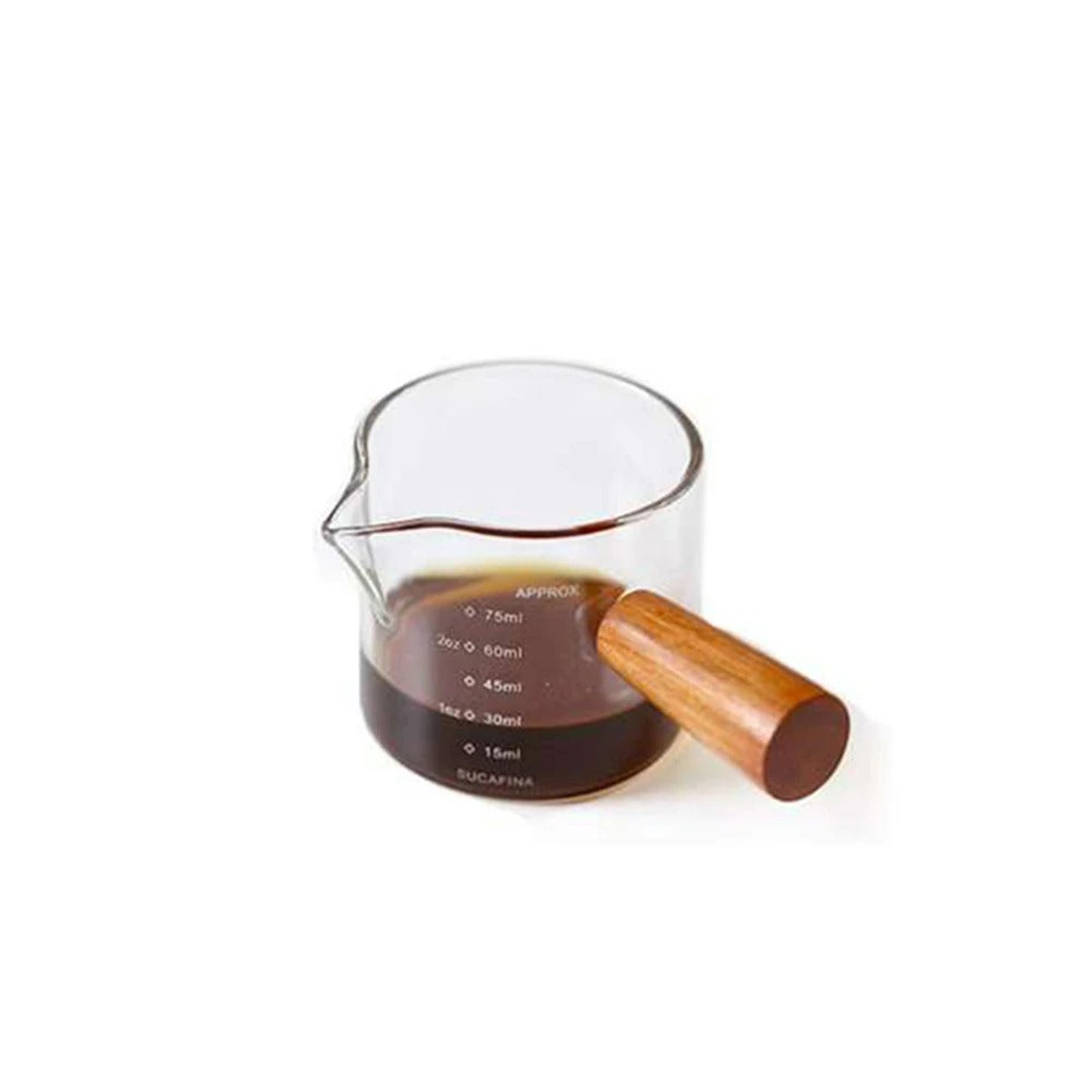 Glas Maatbeker mit Holzgriff, Espresso Messbecher, Doppel- und Einzelauslauf, Transparente Kaffeetasse für Milchkaffee, Kaffeebedarf