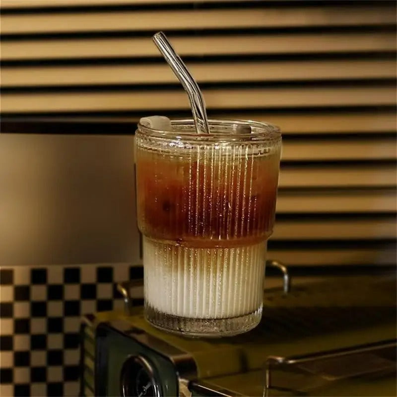 Glas Kaffeebecher mit Deckel und Strohhalm, hitzebeständiges Glas, Trinkbecher, 400ml