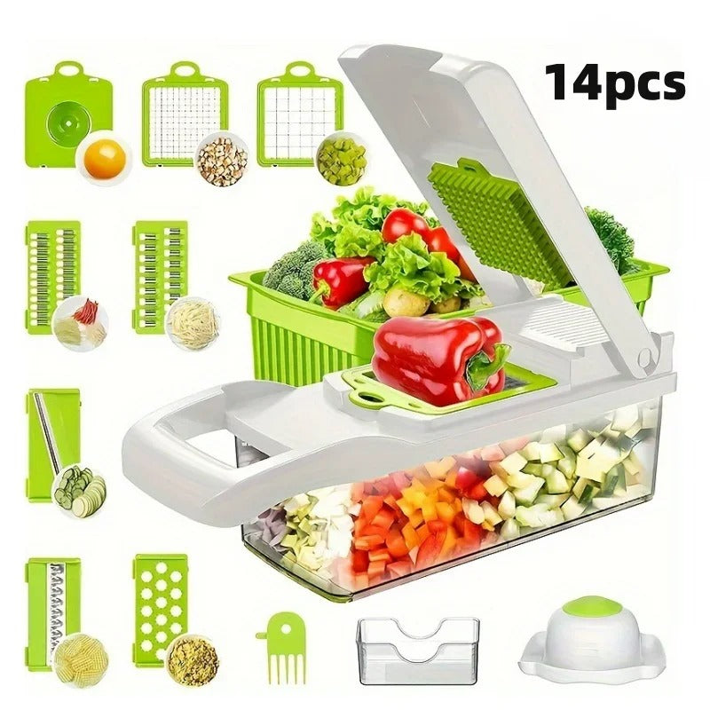 14-teiliger Multifunktionaler Gemüseschneider – Kartoffelschneider, Reibe, Würfelschneider für Salat & Gemüse
