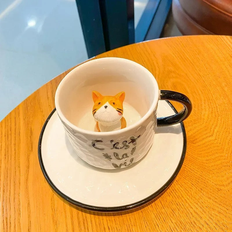 Keramik Katzenbecher mit Pfotendesign – 3D Tassen-Set mit Unterteller, für Kaffee & Tee