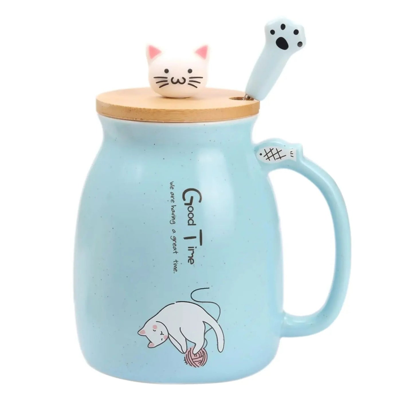 Keramische Theekop mit Kitty Deksel und Lepel, Japanische Stil, 16oz