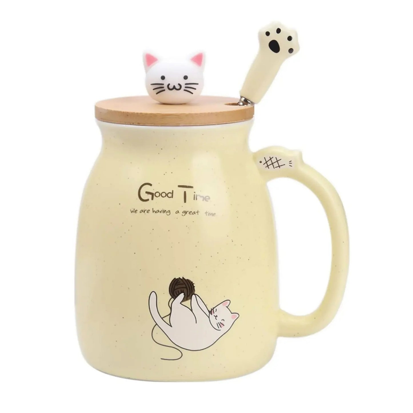 Keramische Theekop mit Kitty Deksel und Lepel, Japanische Stil, 16oz