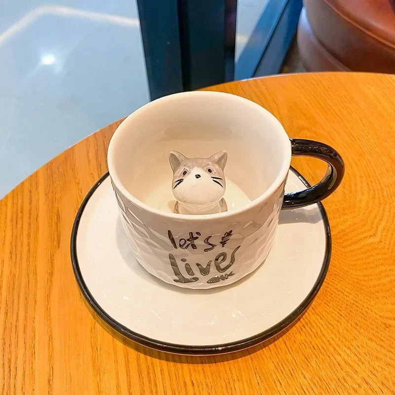 Keramik Katzenbecher mit Pfotendesign – 3D Tassen-Set mit Unterteller, für Kaffee & Tee